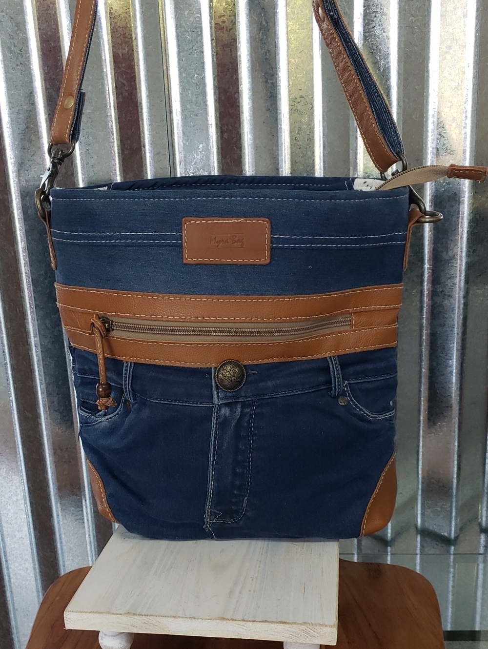 Casual Denim Crossbody Bag with Tan Accents - Myra Bag
